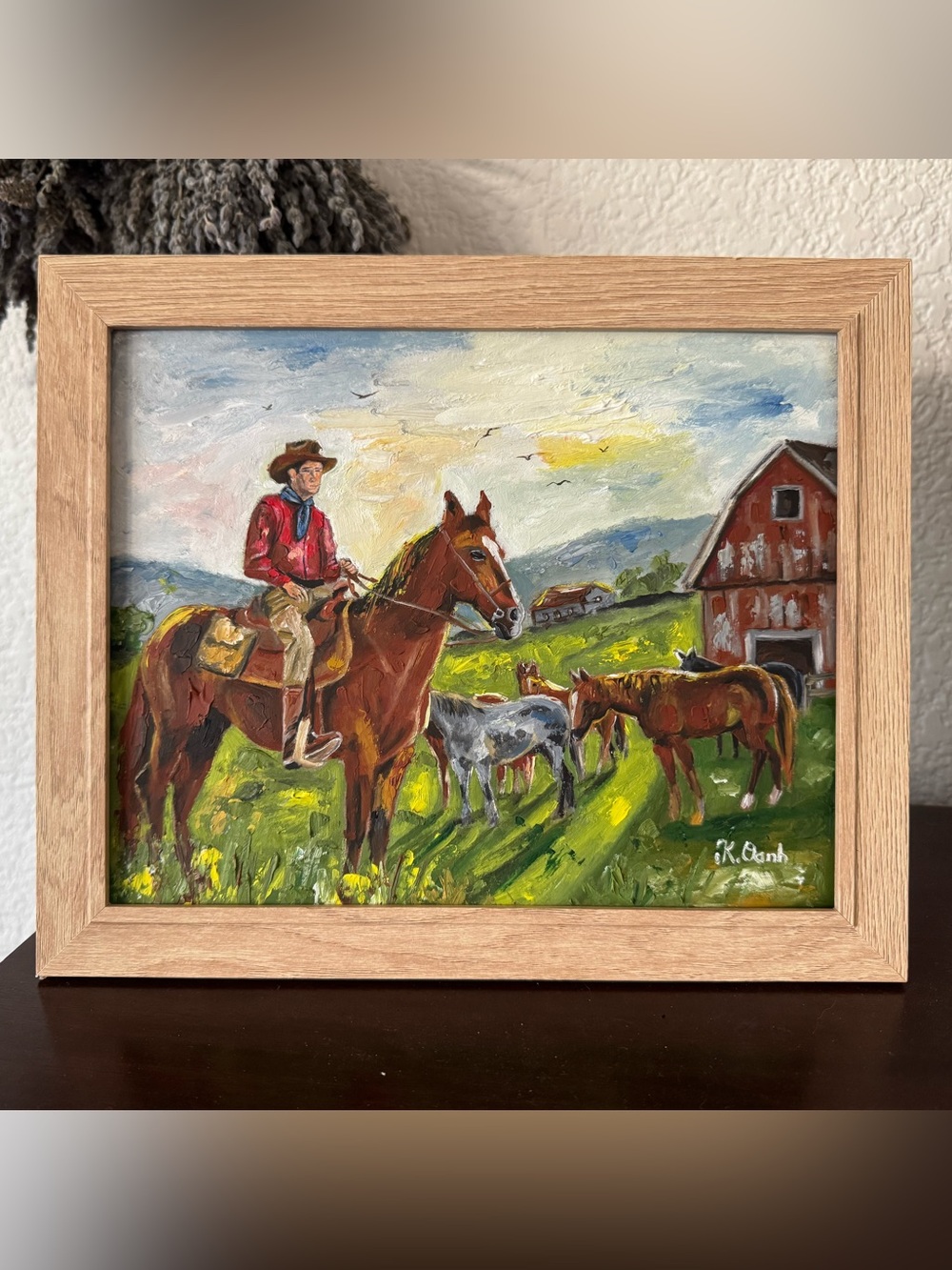 Original oil painting cowboy cattlemen horses landscape signed framed 8x10 inch